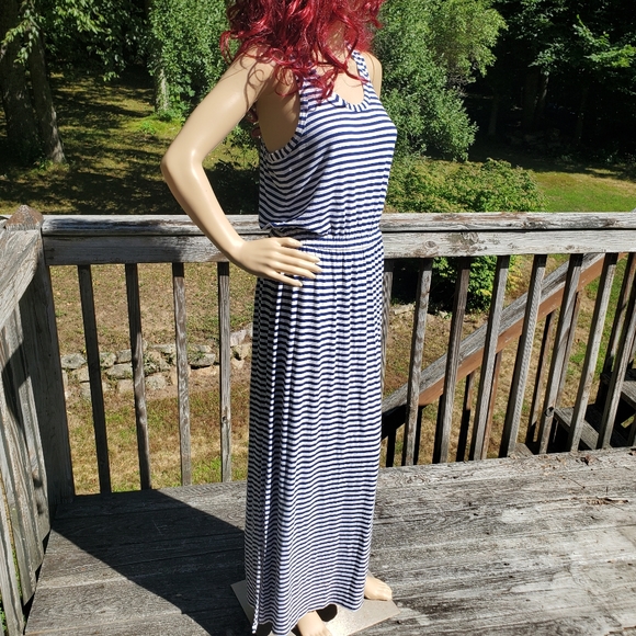 J. Crew Blue & White Stripe Racer T-back Scoop Round Neck Maxi Dress Size M - Picture 5 of 11